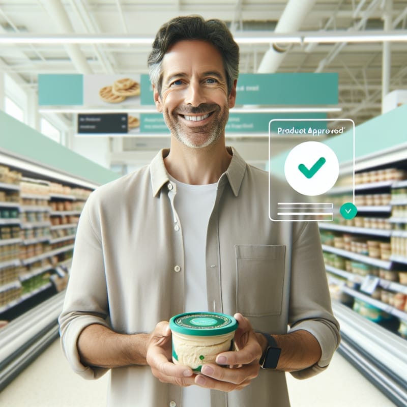 A bright, airy over-the-shoulder shot of a happy middle-aged dad shopper in a clean UK supermarket. The shopper is holding a package of hummus. A clean, minimalist “Product Approved” checkmark and text overlay (Mediterranean Diet – Heart Healthy) floats subtly in the air near the product, styled as a modern AR (Augmented Reality) interface. No physical phone visible. Over-the-shoulder viewpoint, showing the side of the shopper’s relaxed, smiling face and his hands holding the hummus tub. The background is a brightly lit, out-of-focus grocery aisle with soft pastels and white shelves. High-key photography style with bright, natural morning light, soft-diffused LED store lighting, and pristine white balance. Authentic lifestyle photography, neutral modern clothing, soft bokeh background. The floating AR interface is semi-transparent, flat design, professional, using a green colour palette. Natural skin textures, soft focus, and vibrant but realistic food packaging. Avoid cinematic drama or dark backgrounds.