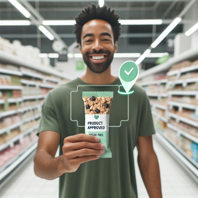 A bright, airy over-the-shoulder shot of a happy shopper in a clean supermarket. The shopper is holding a package of a sugar-free granola bar. A clean, minimalist “Product Approved” checkmark and text overlay (Sugar-Free) floats subtly in the air near the product, styled as a modern AR (Augmented Reality) interface in a soft green color palette. No physical phone visible. Over-the-shoulder viewpoint shows the side of the shopper’s smiling face and their hands holding the product. The background is a brightly lit, out-of-focus grocery aisle with soft pastels and white shelves. High-key photography style with bright, natural morning light, soft-diffused LED store lighting, pristine white balance, soft bokeh, natural skin texture, and vibrant but realistic food packaging.