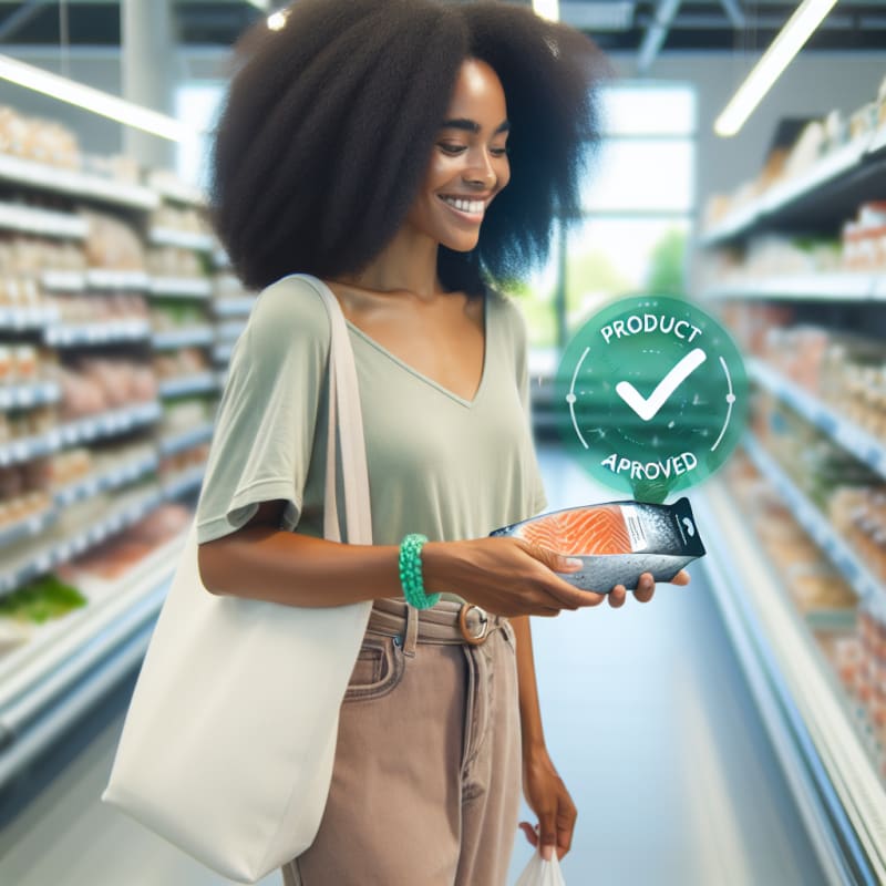 A bright, airy over-the-shoulder shot of a happy shopper in a clean supermarket. The shopper is holding a package of wild caught salmon. A clean, minimalist “Product Approved” checkmark and text overlay (Pescatarian) floats subtly in the air near the product, styled as a modern AR (Augmented Reality) interface. No physical phone visible. Over-the-shoulder viewpoint, showing the side of the shopper’s smiling face and their hands holding the product. The background is a brightly lit, out-of-focus grocery aisle with soft pastels and white shelves. High-key photography style with bright, natural morning light, soft-diffused LED store lighting, and pristine white balance. Authentic lifestyle photography, neutral modern clothing, soft bokeh background, semi-transparent flat-design AR interface in a green color palette, natural skin textures, and vibrant but realistic seafood packaging.