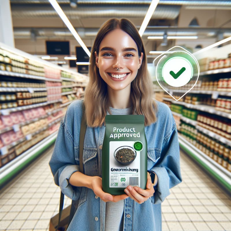 A bright, airy over-the-shoulder shot of a happy college-age shopper in a clean German supermarket. The shopper is holding a package of Gewürzmischung (spice mix). A clean, minimalist “Product Approved” checkmark and text overlay (Vegan) floats subtly in the air near the product, styled as a modern AR (Augmented Reality) interface. No physical phone visible. Over-the-shoulder viewpoint, showing the side of the shopper’s smiling face and their hands holding the product. The background is a brightly lit, out-of-focus grocery aisle with soft pastels and white shelves. High-key photography style with bright, natural morning light, soft-diffused LED store lighting, pristine white balance. Authentic lifestyle photography, neutral modern clothing, soft bokeh background. Semi-transparent flat-design AR interface in a green color palette. Natural skin textures and vibrant, realistic food packaging.