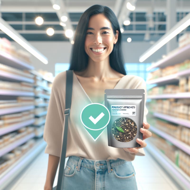 A bright, airy over-the-shoulder shot of a happy shopper in a clean supermarket. The shopper is holding a package of a mixed spice blend. A clean, minimalist “Product Approved” checkmark and text overlay (Vegan) floats subtly in the air near the product, styled as a modern AR (Augmented Reality) interface. No physical phone visible. Over-the-shoulder viewpoint, showing the side of the shopper's smiling face and their hands holding the product. The background is a brightly lit, out-of-focus grocery aisle with soft pastels and white shelves. High-key photography style with bright, natural morning light, soft-diffused LED store lighting, and pristine white balance. Authentic lifestyle photography, neutral modern clothing, soft bokeh background, semi-transparent flat-design AR interface in a green color palette. Natural skin textures and realistic spice packaging.