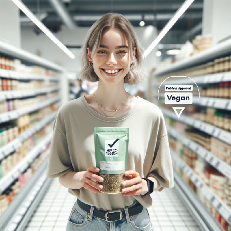 A bright, airy over-the-shoulder shot of a happy college-age shopper in a clean German supermarket. The shopper is holding a package of mixed spice seasoning. A clean, minimalist “Product Approved” checkmark and text overlay (Vegan) floats subtly in the air near the product, styled as a modern AR (Augmented Reality) interface in a soft green color palette. No physical phone visible. Over-the-shoulder viewpoint, showing the side of the shopper’s smiling face and their hands holding the spice mix. The background is a brightly lit, out-of-focus grocery aisle with soft pastels and white shelves. High-key photography style with bright, natural morning light, soft-diffused LED store lighting, pristine white balance. Authentic lifestyle photography, neutral modern clothing, soft bokeh background, semi-transparent flat-design AR interface, natural skin textures, realistic spice packaging, no dark or cinematic lighting.