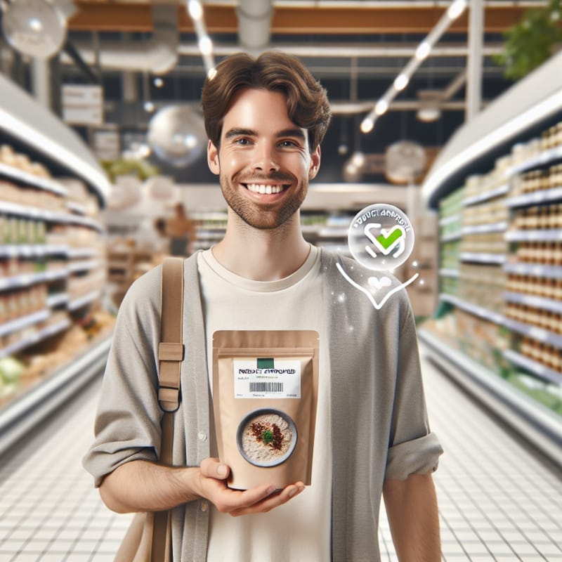 A bright, airy over-the-shoulder shot of a happy college-age shopper in a clean German supermarket. The shopper is holding a package of spice mix (Gewürzmischung). A clean, minimalist “Product Approved” checkmark and text overlay (Vegan) floats subtly in the air near the product, styled as a modern AR (Augmented Reality) interface. No physical phone visible. Over-the-shoulder viewpoint, showing the side of the shopper’s smiling face and their hands holding the spice mix. The background is a brightly lit, out-of-focus grocery aisle with soft pastels and white shelves. High-key photography style with bright natural morning light, soft-diffused LED store lighting, pristine white balance. Authentic lifestyle photography, neutral modern clothing, soft bokeh background. The floating AR interface is semi-transparent, flat design, professional, using a green color palette. Natural skin textures, realistic spice packaging, fresh and budget-friendly vibe.