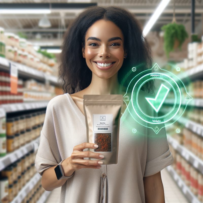 A bright, airy over-the-shoulder shot of a happy shopper in a clean supermarket. The shopper is holding a package of spice mix (Gewürzmischung). A clean, minimalist “Product Approved” checkmark and text overlay (Vegan) floats subtly in the air near the product, styled as a modern AR (Augmented Reality) interface. No physical phone visible. Over-the-shoulder viewpoint, showing the side of the shopper's smiling face and their hands holding the product. The background is a brightly lit, out-of-focus grocery aisle with soft pastels and white shelves. High-key photography style with bright, natural morning light, soft-diffused LED store lighting, and pristine white balance. Authentic lifestyle photography, neutral modern clothing, soft bokeh background, semi-transparent flat-design AR interface in a green color palette. Natural skin textures and vibrant but realistic packaging.