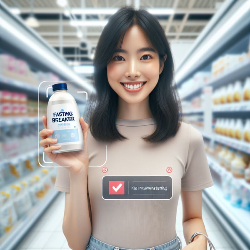 A bright, airy over-the-shoulder shot of a happy shopper in a clean supermarket. The shopper is holding a package of zero calorie syrup. A clean, minimalist “Fasting Breaker” warning checkmark and text overlay (Keto • Intermittent Fasting) floats subtly in the air near the product, styled as a modern AR (Augmented Reality) interface. No physical phone visible. Over-the-shoulder viewpoint, showing the side of the shopper’s smiling face and their hands holding the product. The background is a brightly lit, out-of-focus grocery aisle with soft pastels and white shelves. High-key photography style with bright, natural morning light, soft-diffused LED store lighting, and pristine white balance. Authentic lifestyle photography, neutral modern clothing, soft bokeh background. The floating AR interface is semi-transparent, flat design, professional, using a red color palette. Natural skin textures, soft focus, vibrant but realistic food packaging, no dark or cinematic drama.