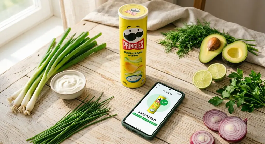 bright clean flat lay of a yellow can of pringles chips surrounded by fresh ingredients a digital smartphone screen displaying a green food scan checkmark and safe allergy tags under soft natural morning sunlight high resolution photorealistic macro photography with zero people