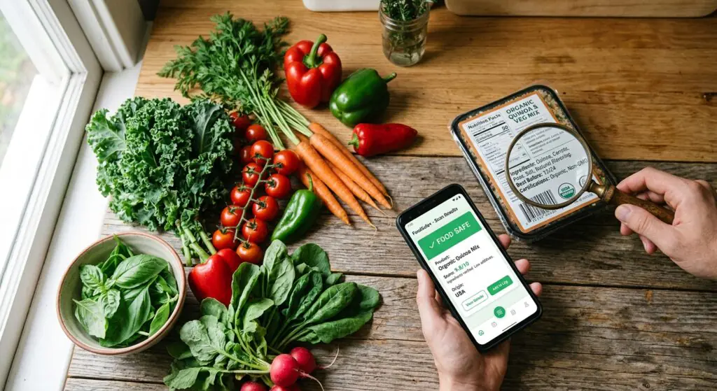 A bright flat lay of colorful fresh vegetables a magnifying glass scanning a packaged food label and a digital smartphone displaying a clean food safety app interface on a rustic wooden kitchen counter with soft natural morning light and vibrant green accents