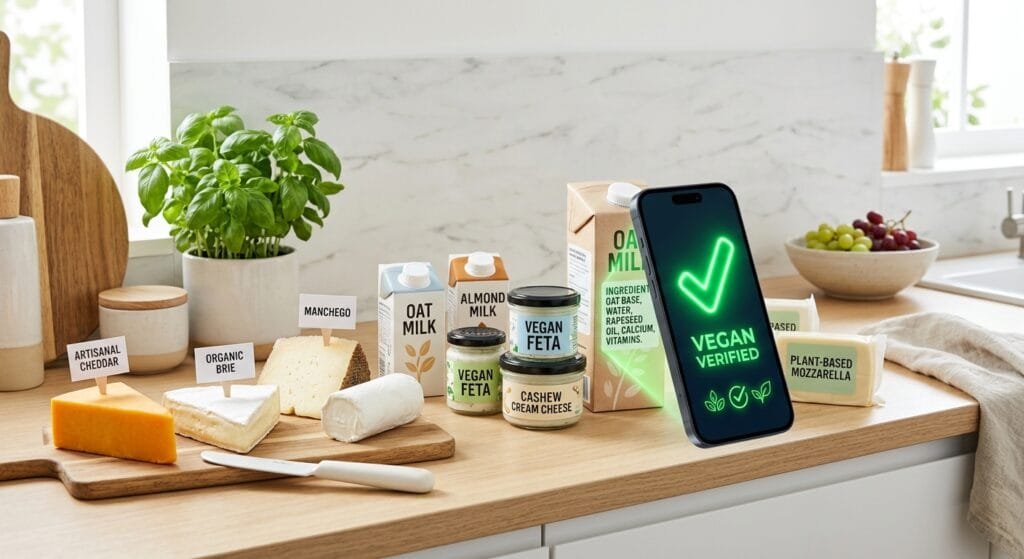A vibrant kitchen counter displaying fresh blocks of artisanal cheese and plant based dairy alternatives alongside a modern smartphone scanning ingredient labels with a glowing green checkmark bright friendly hopeful lighting clean minimalist composition no people