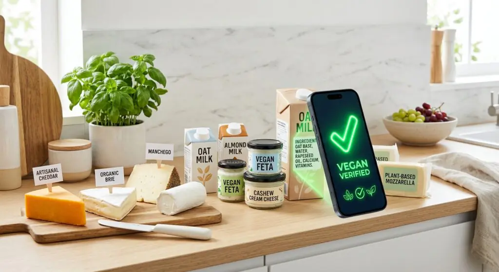A vibrant kitchen counter displaying fresh blocks of artisanal cheese and plant based dairy alternatives alongside a modern smartphone scanning ingredient labels with a glowing green checkmark bright friendly hopeful lighting clean minimalist composition no people