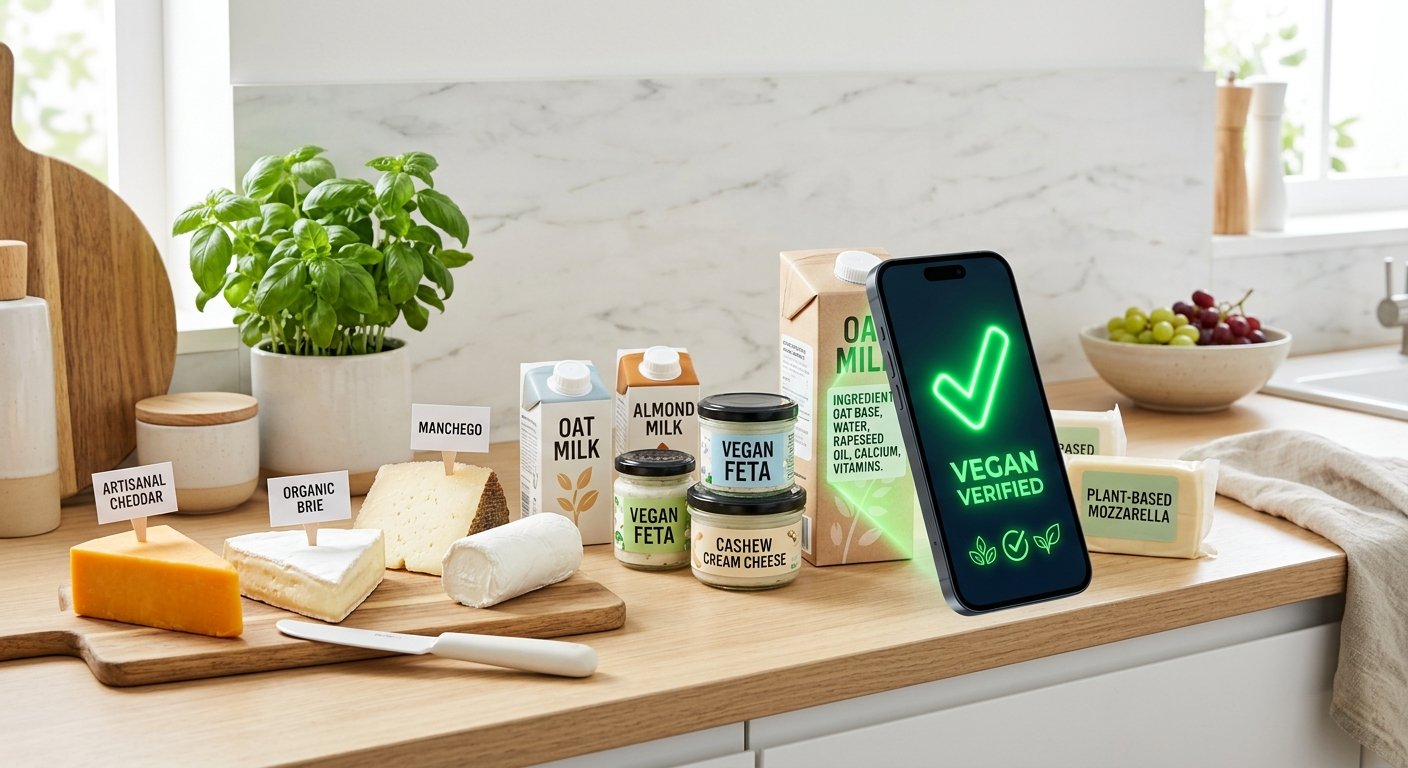 A vibrant kitchen counter displaying fresh blocks of artisanal cheese and plant based dairy alternatives alongside a modern smartphone scanning ingredient labels with a glowing green checkmark bright friendly hopeful lighting clean minimalist composition no people
