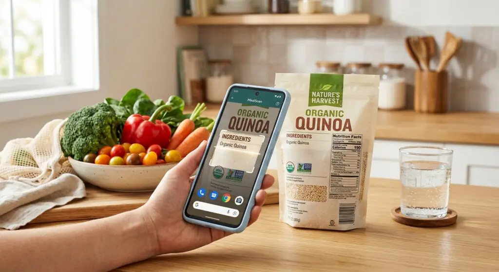 A smartphone scanning food ingredient labels on a clean kitchen counter next to fresh organic vegetables and a glass of water bright friendly hopeful style with natural lighting and no people