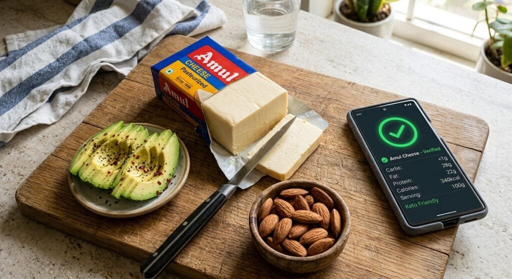 A close-up flat lay of fresh block of Amul cheese resting on a rustic wooden cutting board next to low-carb keto ingredients like avocado slices and almonds with a soft smartphone screen glowing nearby displaying a green food safety checkmark and nutrition data under bright natural morning light