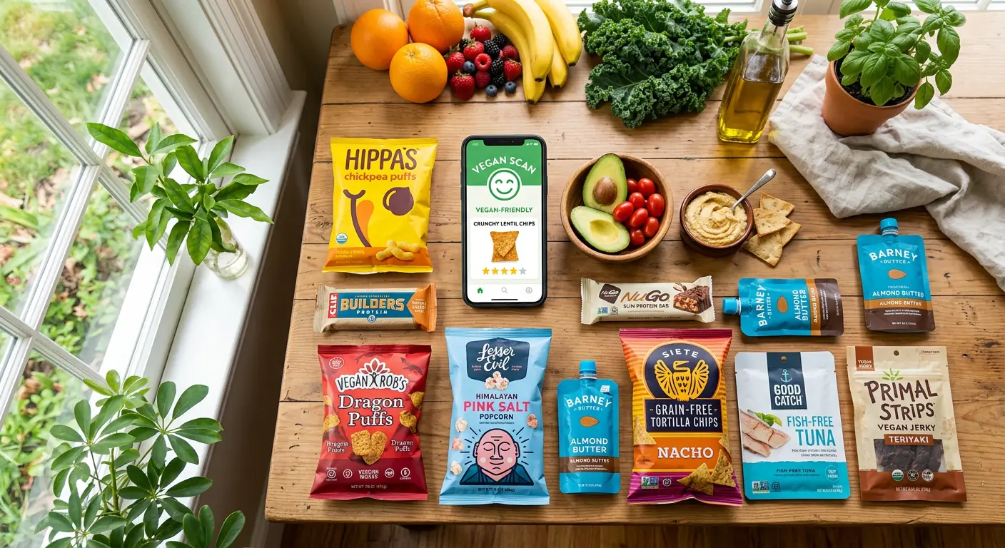 A bright and vibrant overhead shot of top vegan snacks in the USA neatly arranged on a clean wooden kitchen table with a smartphone displaying a friendly food scan app screen next to fresh plant based ingredients soft natural sunlight streaming through a window friendly hopeful atmosphere zero people