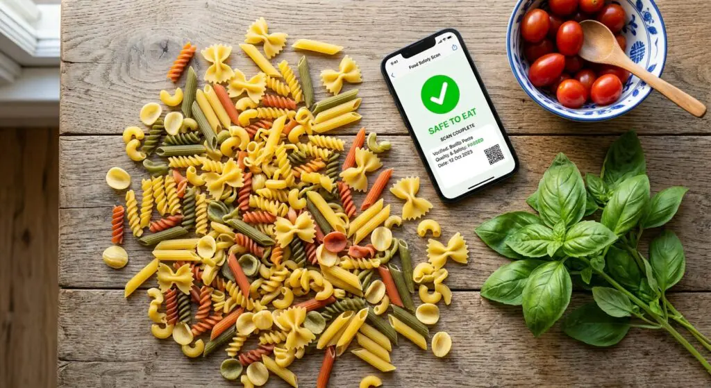 Bright and clean flat lay photo of colorful raw Barilla pasta shapes scattered on a rustic wooden table next to fresh green basil leaves a modern smartphone displaying a green checkmark food safety scan app interface and a bowl of cherry tomatoes with warm natural sunlight casting soft shadows