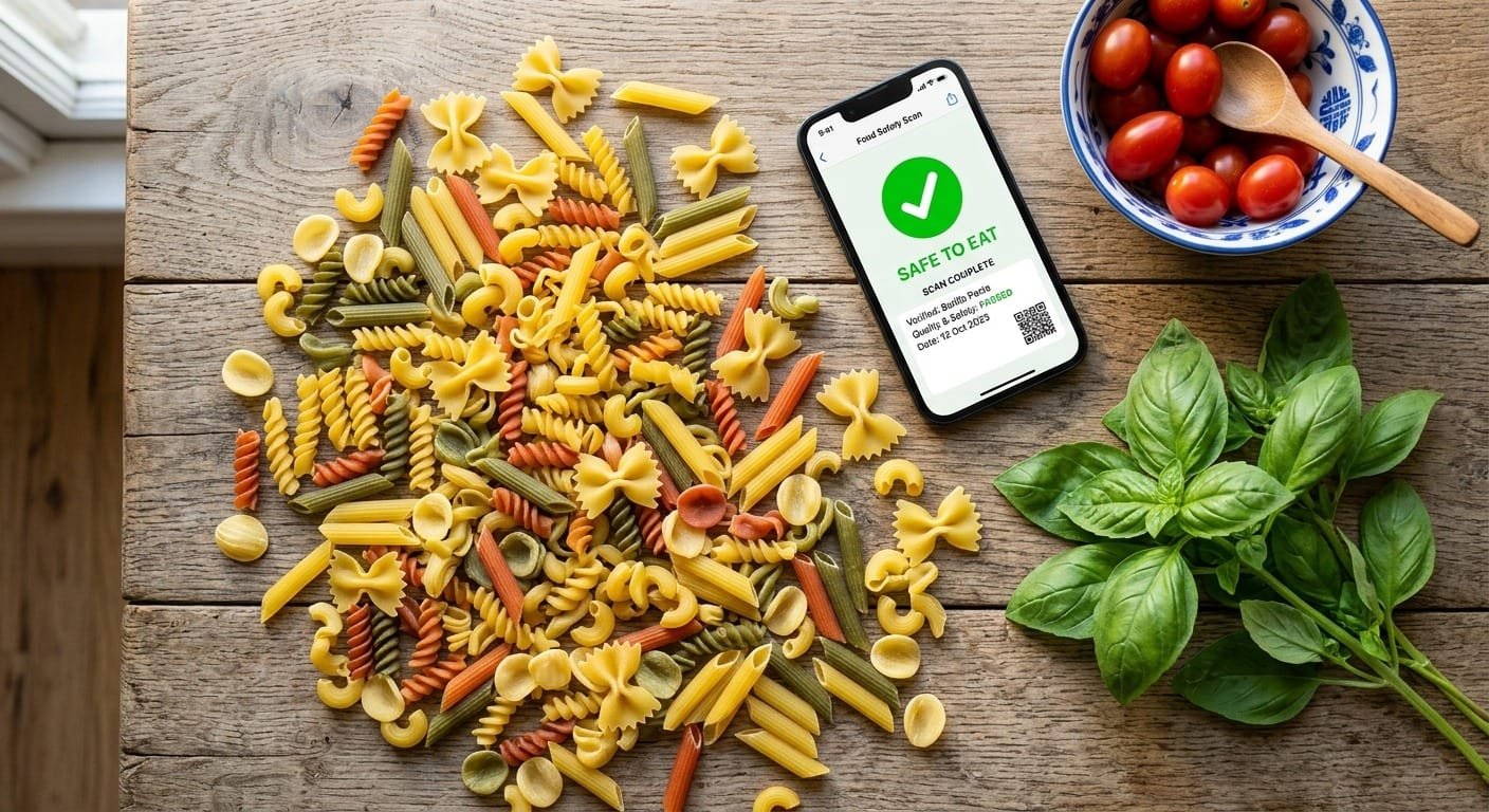 Bright and clean flat lay photo of colorful raw Barilla pasta shapes scattered on a rustic wooden table next to fresh green basil leaves a modern smartphone displaying a green checkmark food safety scan app interface and a bowl of cherry tomatoes with warm natural sunlight casting soft shadows