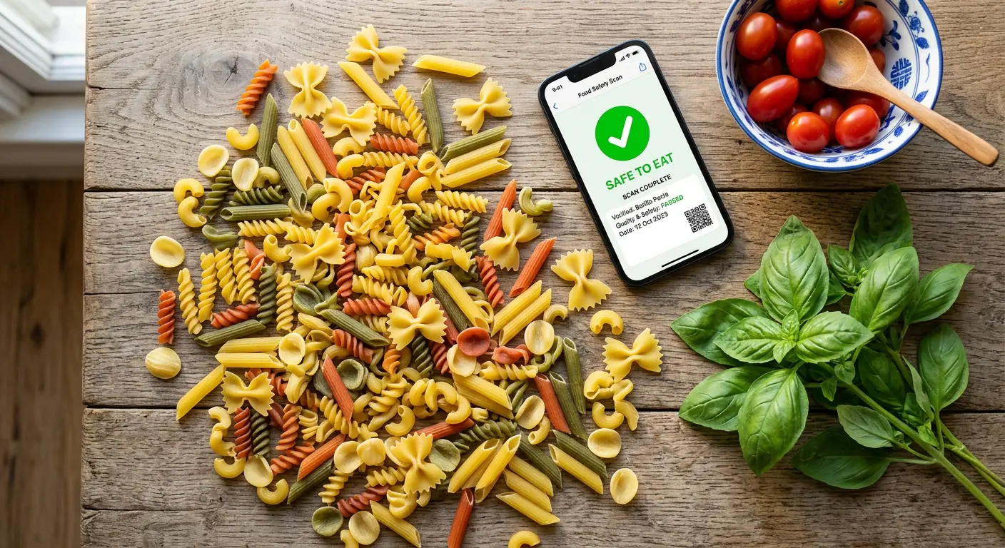 Bright and clean flat lay photo of colorful raw Barilla pasta shapes scattered on a rustic wooden table next to fresh green basil leaves a modern smartphone displaying a green checkmark food safety scan app interface and a bowl of cherry tomatoes with warm natural sunlight casting soft shadows