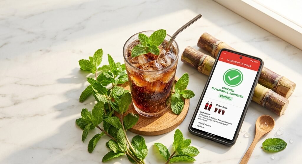 A close up flat lay photo of a clear glass filled with dark cola and ice cubes next to a smartphone displaying a green checkmark ingredient scanner app surrounded by fresh green mint leaves and sugar cane stalks on a bright white marble countertop with natural warm morning sunlight casting soft shadows