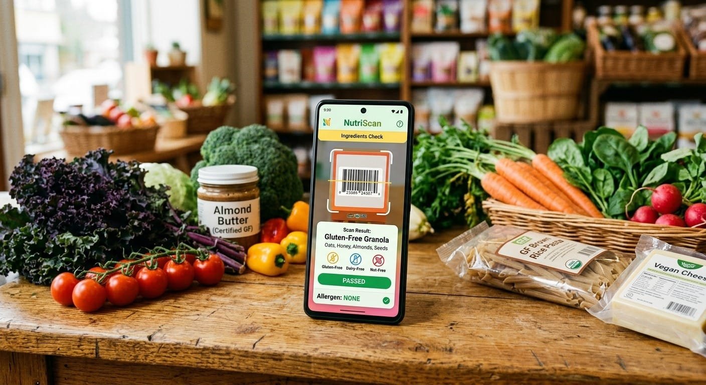 A vibrant close-up photograph of a smartphone resting on a wooden grocery counter displaying a colorful food ingredient scanner app interface surrounded by fresh organic vegetables and allergen-free grocery items with soft natural lighting and no people