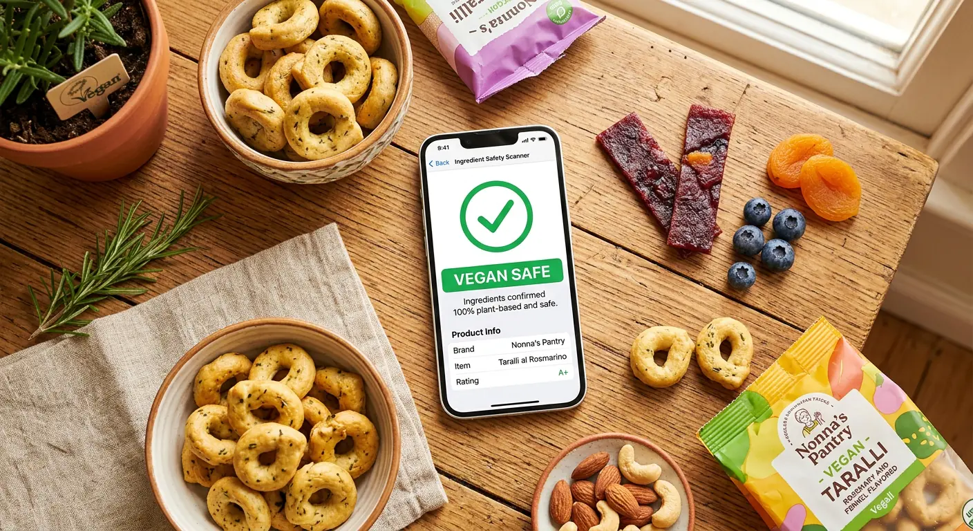 Bright and friendly flat lay of colorful Italian vegan snacks like taralli and fruit leather next to a smartphone showing a food ingredient safety scanner app with a green checkmark on a clean wooden table in warm natural sunlight