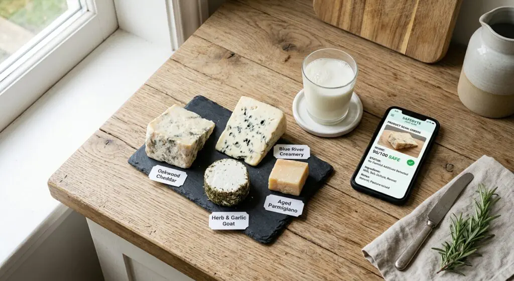 Close up flat lay of artisanal cheese blocks and fresh milk glass on a bright wooden kitchen counter next to a smartphone showing a food ingredient safety scan app interface clean bright natural lighting high detail macro food photography no people