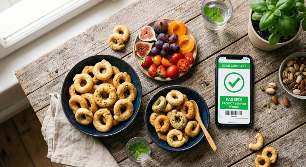 Bright close up flat lay photograph of colorful Italian vegan snacks like taralli and fresh fruit next to a smartphone displaying a green checkmark food scan app on a rustic wooden table with soft natural morning sunlight shining across the scene no people