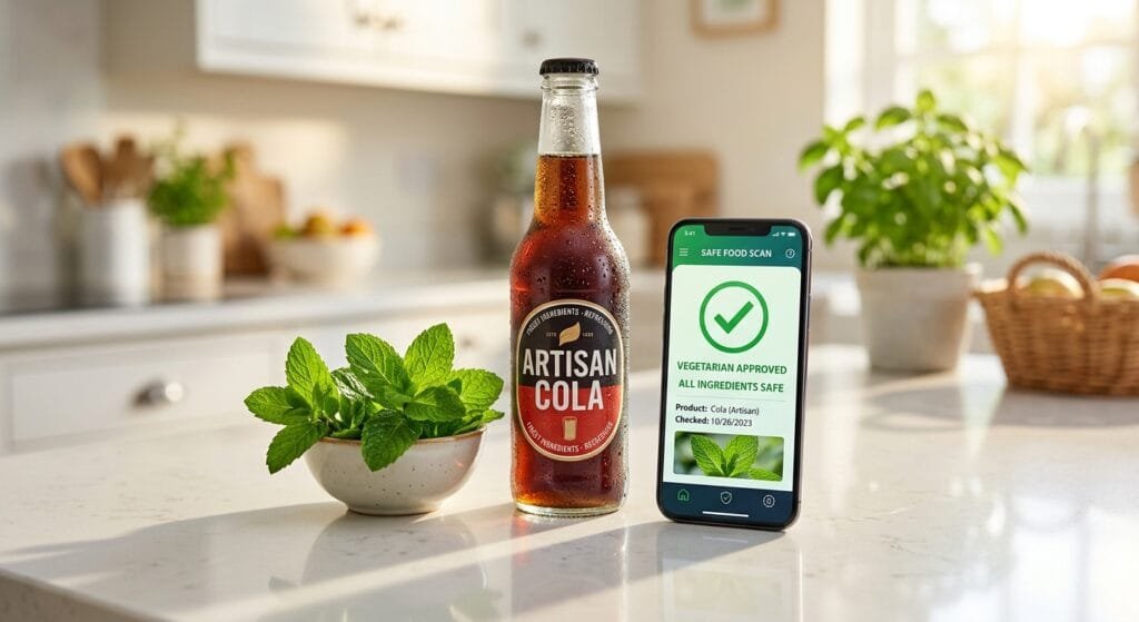 A bright clean kitchen counter top showcasing a chilled glass bottle of cola next to fresh green mint leaves and a sleek smartphone displaying a green food scan safety checkmark under warm morning sunlight cheerful and inviting macro food photography style