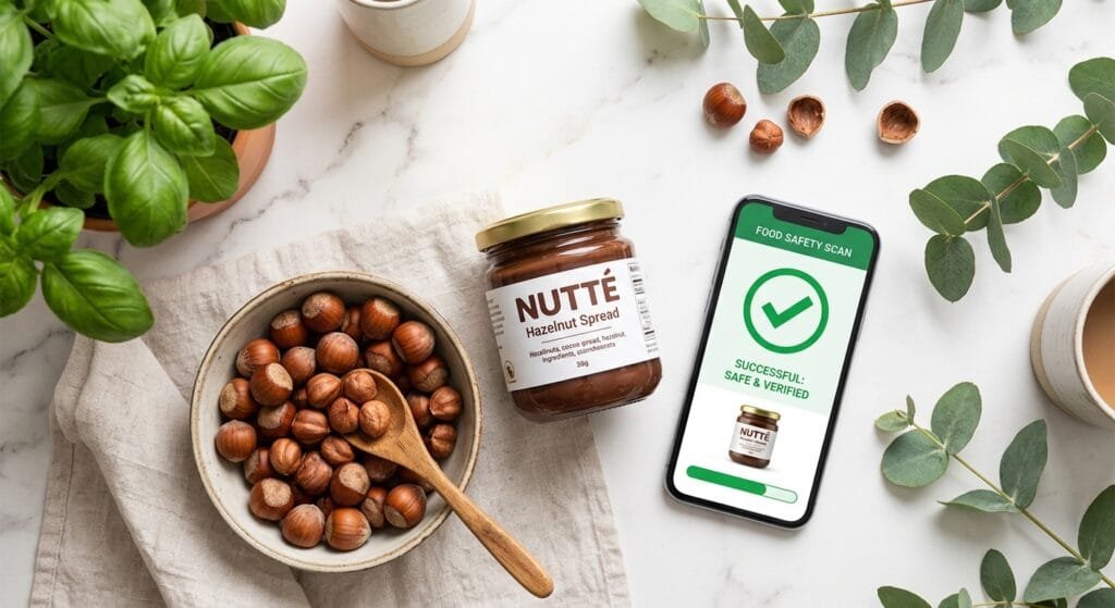 A bright and inviting flat lay of a clean kitchen counter featuring a shiny glass jar of hazelnut spread next to fresh hazelnuts and a modern smartphone displaying a green checkmark food safety scan graphic surrounded by soft natural morning light and vibrant green leaves with a hopeful and clean aesthetic