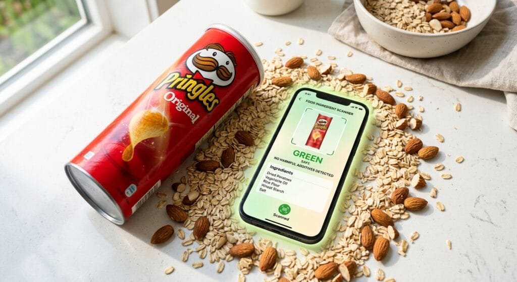 Close up flat lay of a bright red Pringles can next to a smartphone displaying a green food ingredient label scanner app glowing gently on a clean white kitchen countertop surrounded by fresh oats and almonds with bright natural morning light casting soft shadows and cheerful vibrant colors
