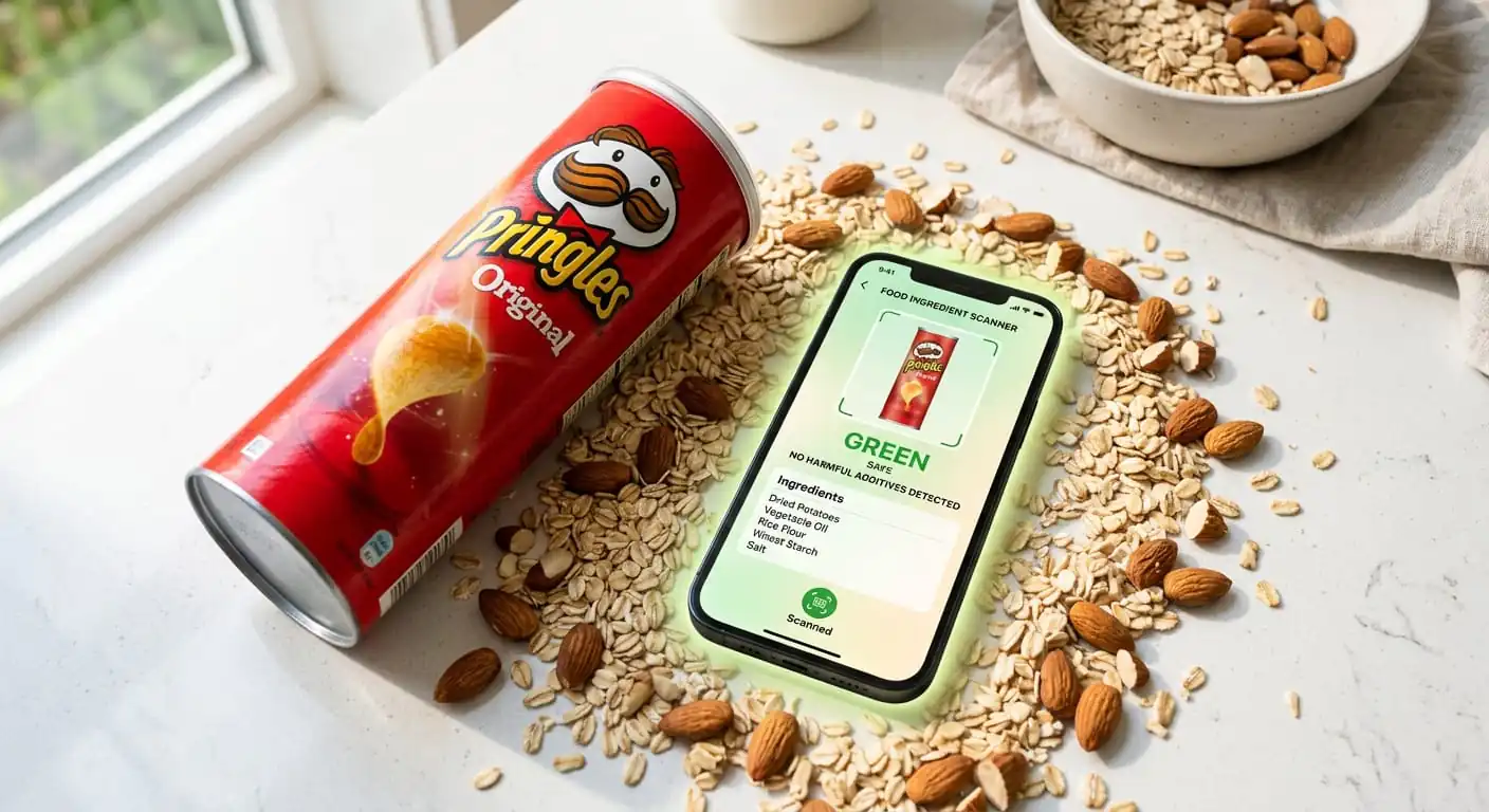 Close up flat lay of a bright red Pringles can next to a smartphone displaying a green food ingredient label scanner app glowing gently on a clean white kitchen countertop surrounded by fresh oats and almonds with bright natural morning light casting soft shadows and cheerful vibrant colors