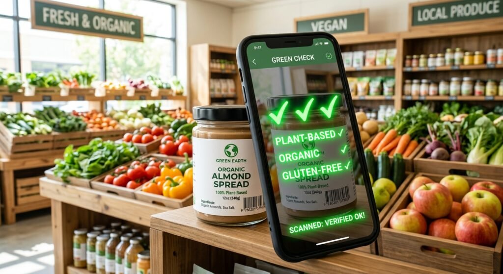 A smartphone scanning a clean plant based product label in a bright modern grocery store showcasing glowing green ingredient check marks and fresh organic produce without people