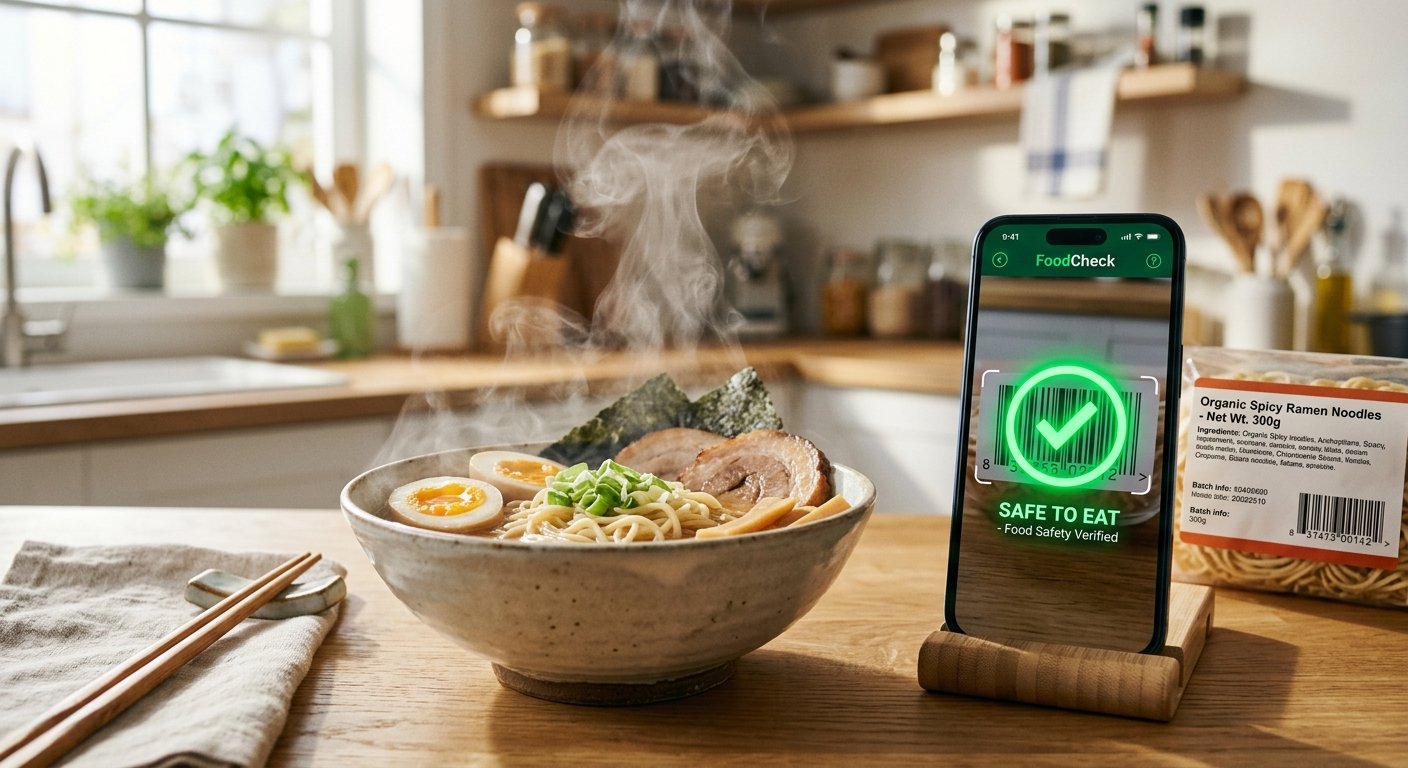 Bright macro photograph of a steaming bowl of noodles next to a digital smartphone screen scanning a food label with a glowing green checkmark food safety concept clean modern kitchen counter natural morning light no people