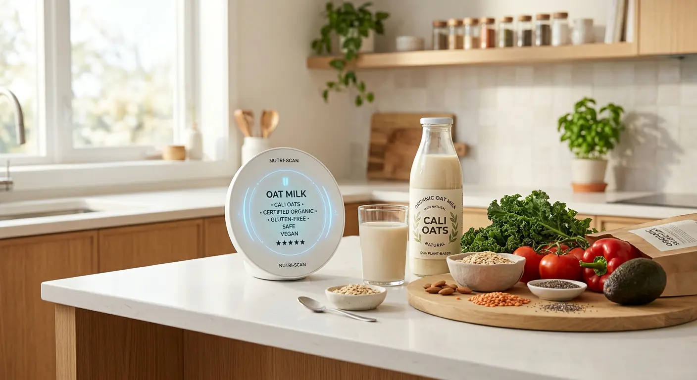 A bright and clean minimalist kitchen counter with a digital food scanner device next to fresh organic oat milk and safe plant-based grocery ingredients soft natural lighting hopeful and friendly aesthetic no people