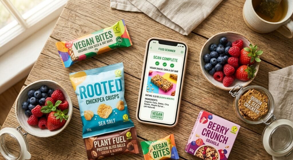 Bright and clean flat lay of vibrant plant based vegan snack packages fresh organic berries and a smartphone displaying a clean food label scan app on a rustic wooden kitchen table with soft natural morning light and hopeful friendly atmosphere without people