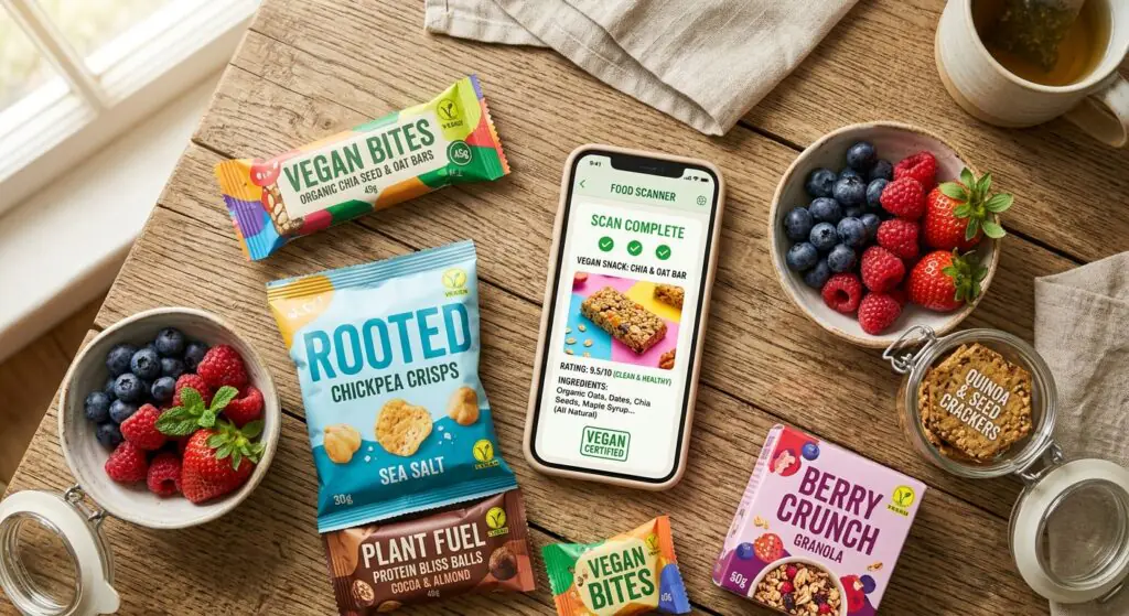 Bright and clean flat lay of vibrant plant based vegan snack packages fresh organic berries and a smartphone displaying a clean food label scan app on a rustic wooden kitchen table with soft natural morning light and hopeful friendly atmosphere without people