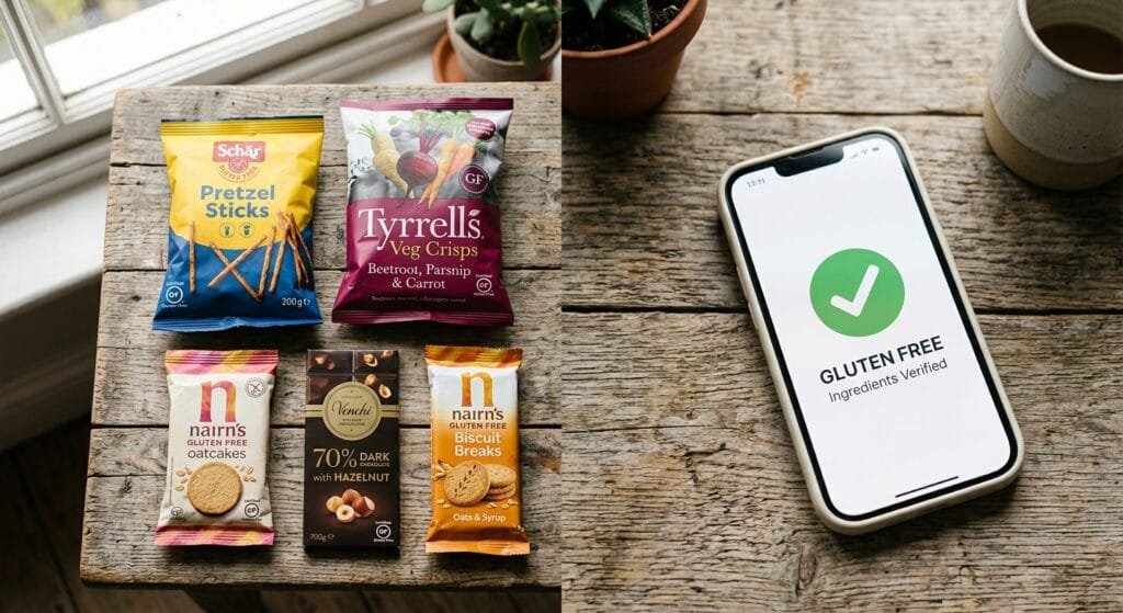 A bright flat lay of colorful certified gluten free European snacks on a rustic wooden table next to a smartphone displaying a clean green food ingredient safety checkmark icon with soft natural morning light and no people