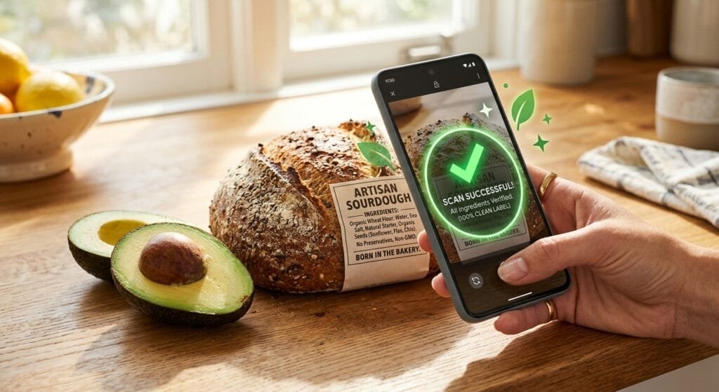 A vibrant close up of a fresh avocado and a sleek smartphone scanning a clear ingredient label on artisan bread with glowing green checkmark graphics and bright natural morning sunlight streaming across a clean wooden kitchen counter
