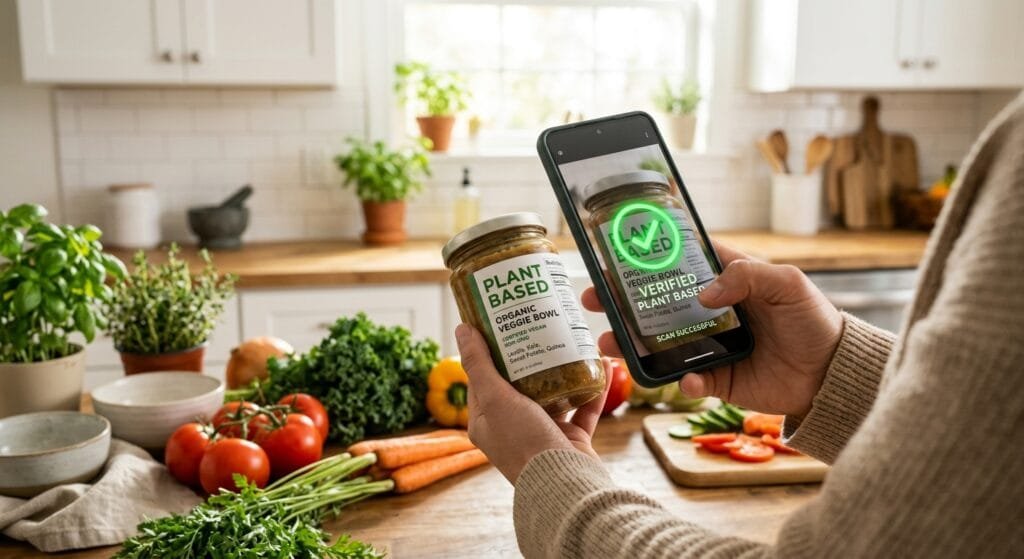 A smartphone scanning a clean plant based food label with a glowing green verification checkmark and fresh organic vegetables in a bright modern kitchen with soft morning sunlight
