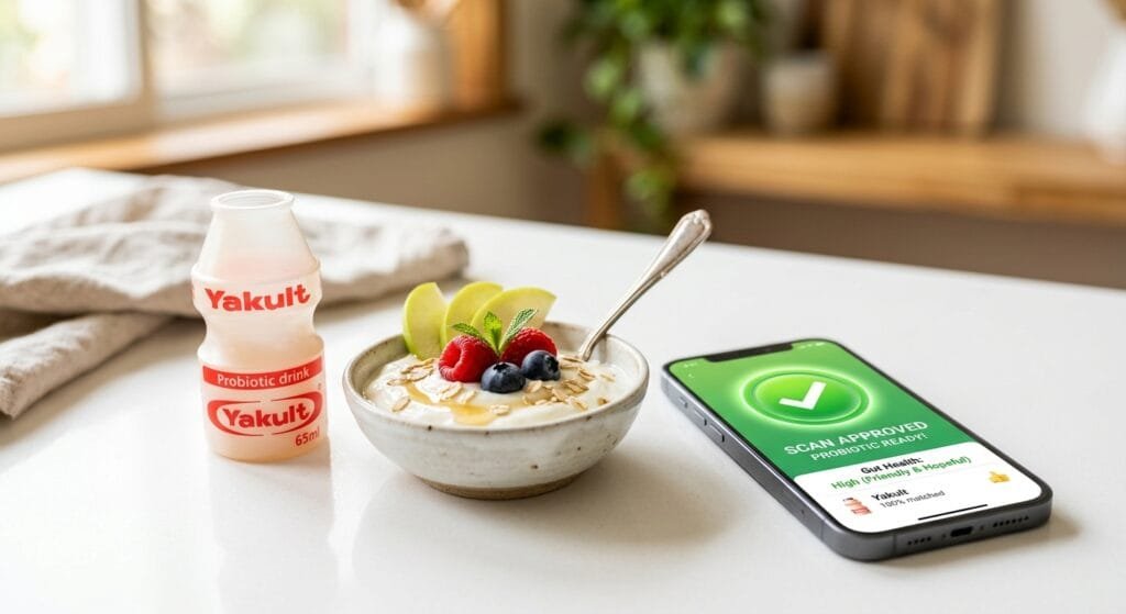 A bright macro photograph of a single Yakult bottle beside fresh probiotic ingredients like yogurt and fermented fruits on a clean white kitchen counter with a smartphone displaying a green food scanner checkmark app graphic friendly hopeful aesthetic no people