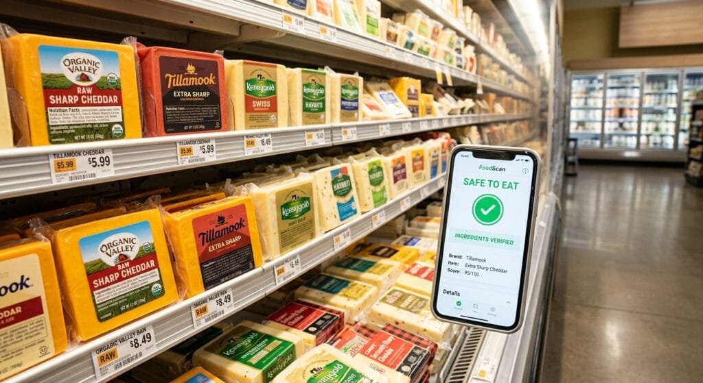 A bright and clean grocery store shelf featuring colorful packaged cheese blocks with clear ingredient labels next to a modern smartphone displaying a green food scan safety checkmark under warm friendly indoor lighting without people