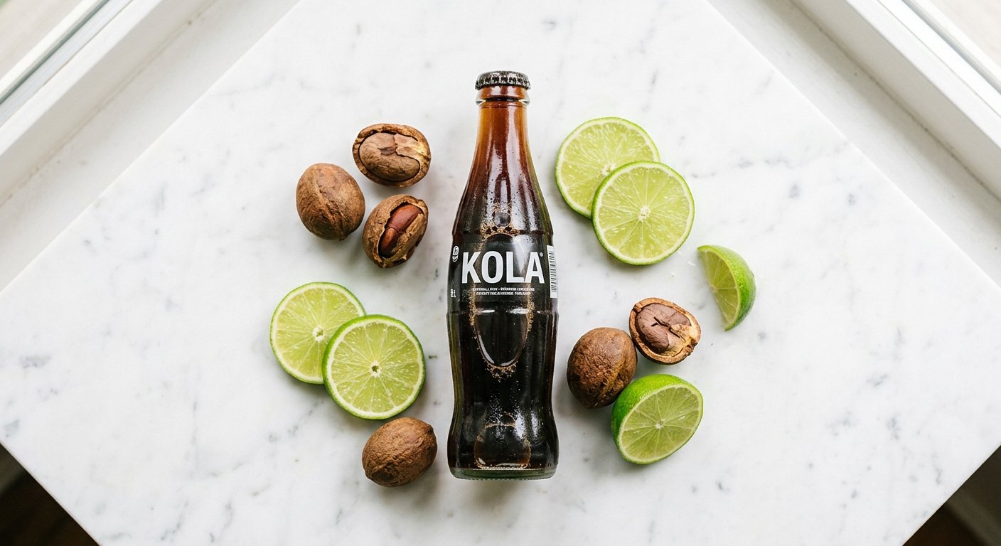 bright overhead macro photo of a sleek glass bottle of cola surrounded by fresh natural kola nuts and crisp green lime slices on a clean white marble countertop with soft natural morning sunlight casting gentle shadows zero people crystal clear focus vibrant colors friendly and welcoming mood