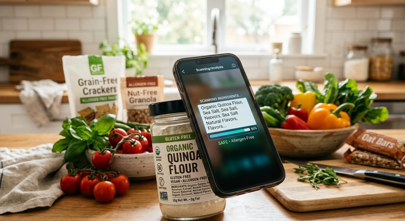 A close-up macro shot of a sleek smartphone scanning a food product ingredient label in a brightly lit modern kitchen surrounded by fresh organic vegetables and allergen-free snacks with a soft bokeh background and warm hopeful natural lighting without people