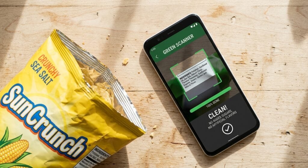 A close-up flat lay of a yellow chip bag corner next to a smartphone showing a green food scanner app interface checking ingredients on a clean wooden kitchen table with bright natural morning sunlight casting soft shadows no people