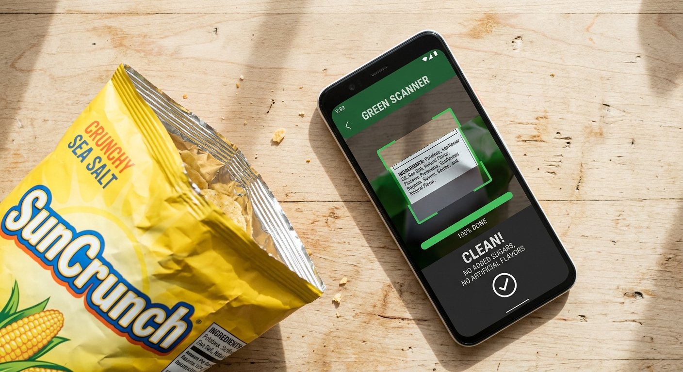 A close-up flat lay of a yellow chip bag corner next to a smartphone showing a green food scanner app interface checking ingredients on a clean wooden kitchen table with bright natural morning sunlight casting soft shadows no people