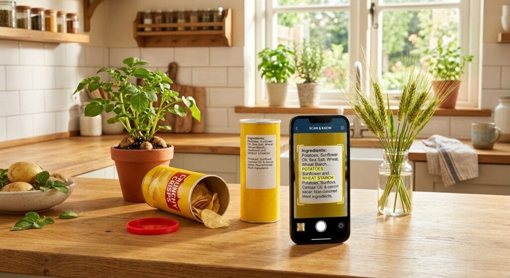 A bright clean kitchen counter with an open yellow can of potato crisps a smartphone scanning the ingredient label using a digital scanner app surrounded by fresh wheat and potato plants warm morning sunlight and a hopeful friendly atmosphere without people