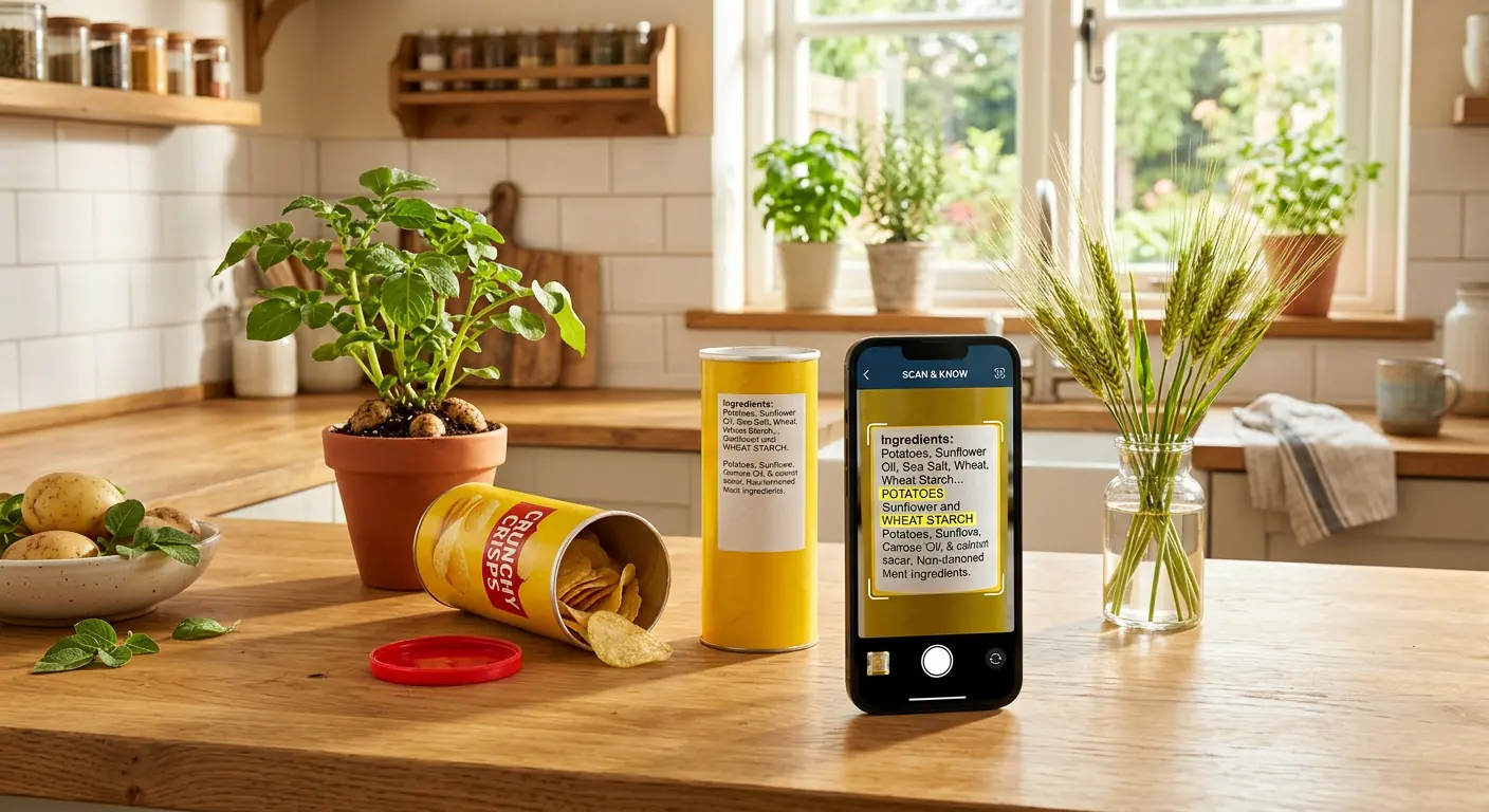 A bright clean kitchen counter with an open yellow can of potato crisps a smartphone scanning the ingredient label using a digital scanner app surrounded by fresh wheat and potato plants warm morning sunlight and a hopeful friendly atmosphere without people