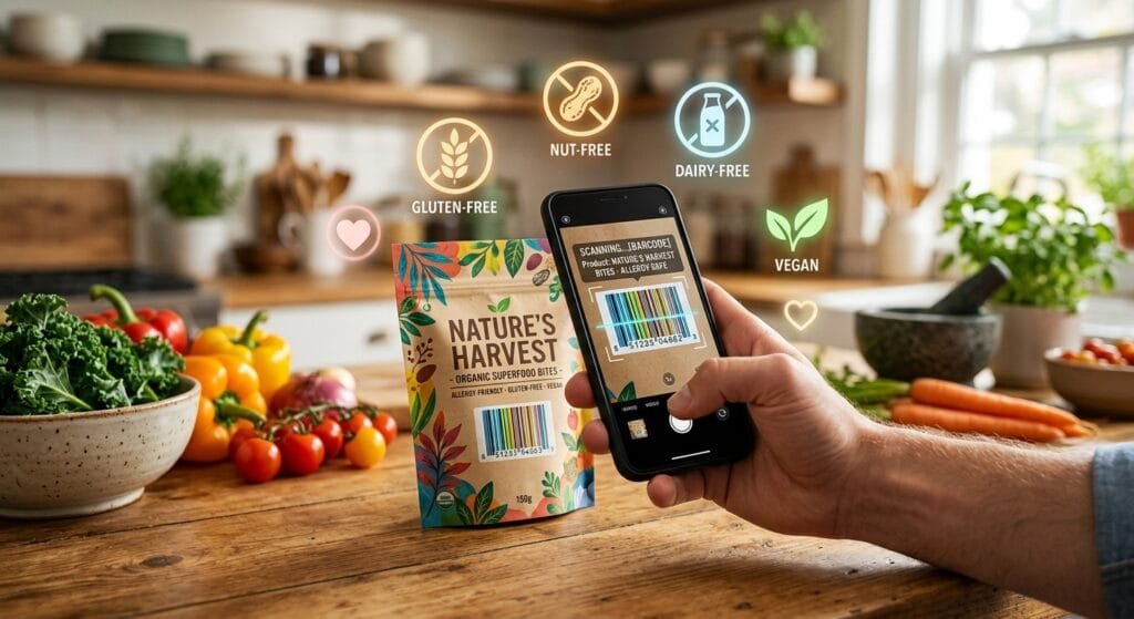 A bright macro photograph of a smartphone scanning a colorful product barcode on a healthy organic snack package resting on a wooden kitchen counter with fresh vegetables and safe allergy free food icons floating softly in the air in a warm friendly hopeful style without people