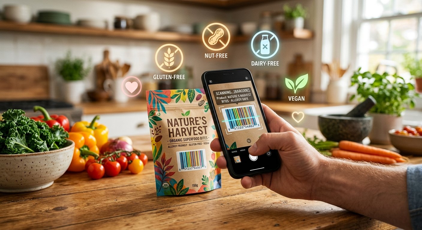 A bright macro photograph of a smartphone scanning a colorful product barcode on a healthy organic snack package resting on a wooden kitchen counter with fresh vegetables and safe allergy free food icons floating softly in the air in a warm friendly hopeful style without people