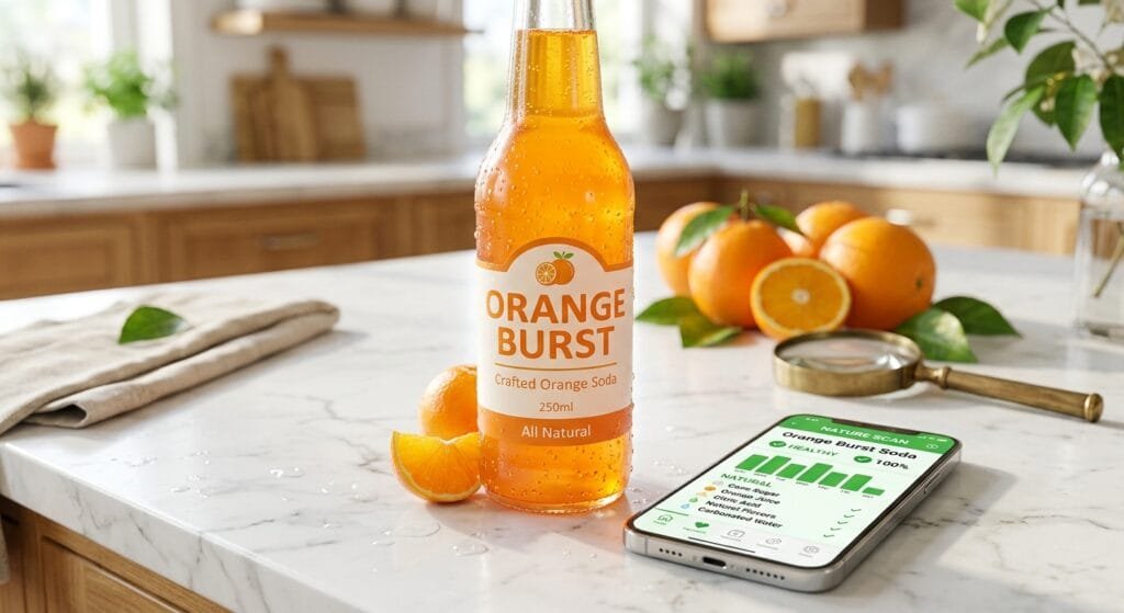 Close up macro shot of a brightly lit translucent orange soda glass bottle next to a smartphone displaying a green food ingredient label scanner app on a clean white marble kitchen counter with fresh oranges and a magnifying glass bright friendly and hopeful visual without people