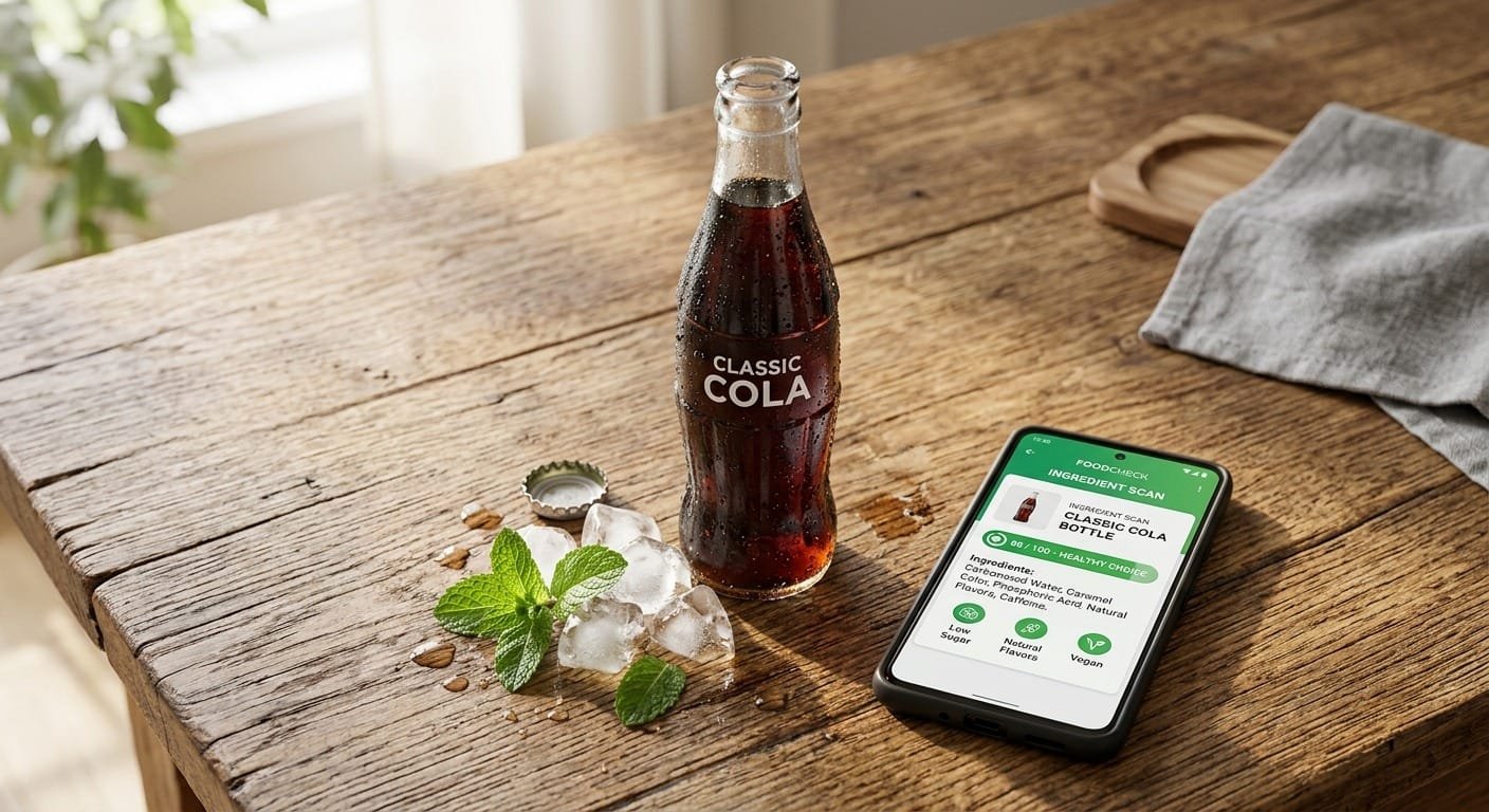 Close up flat lay of a cold glass bottle of dark cola with ice cubes resting next to a smartphone displaying a clean green food ingredient scan app interface on a wooden table with bright morning sunlight and fresh mint leaves no people