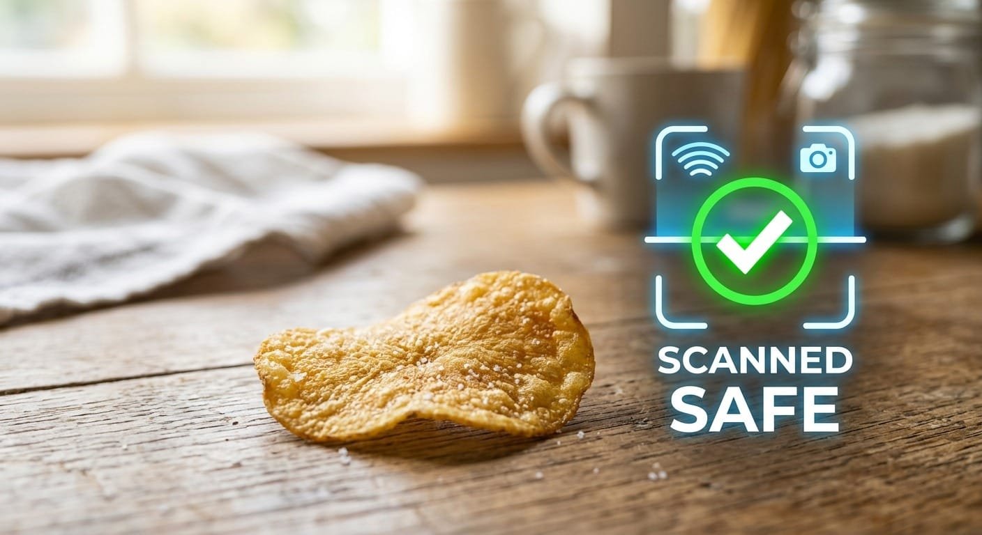 Gemini Nano Banana image prompt macro shot of a crisp golden potato chip next to a digital scanner icon and green checkmark on a clean wooden kitchen table bright morning light crisp focus modern vibrant friendly hope and safety theme no people